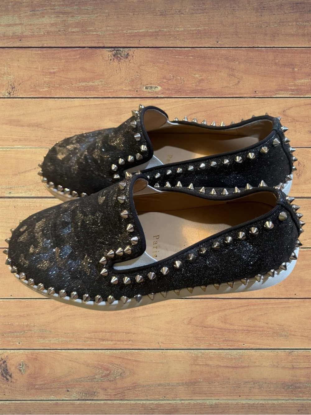 Christian Louboutin Authentic Pik Boat Spiked Black Glitter Slip On Sneakers - Picture 8 of 16